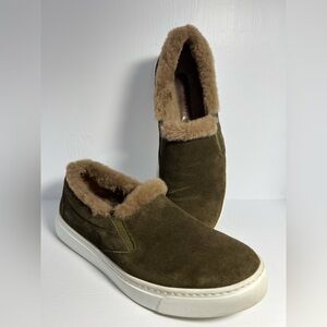 M.Gemi Shearling Lined Slip-On Sneakers | Olive Suede | Made in Italy | Size 39